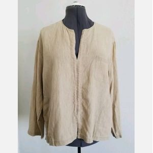 J Jill 100% Linen Pocket Blouse Sz LP Petite Large Beige Overshirt